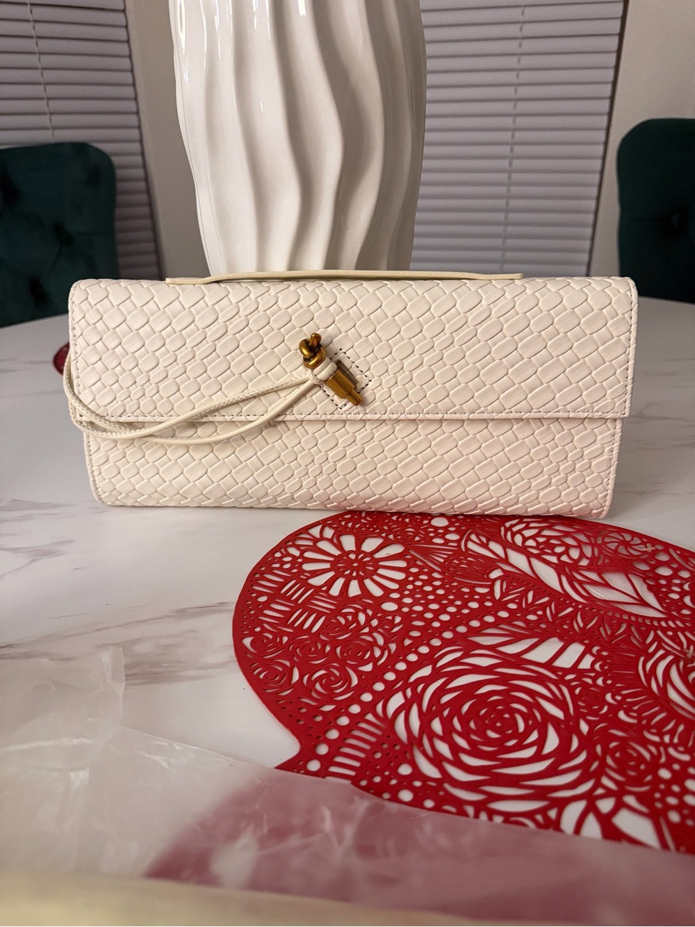 Woven Cream Leather Clutch with Subtle Gold Detail
